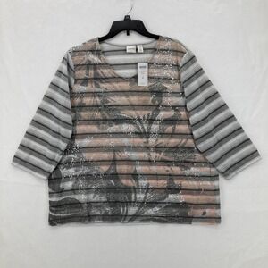 Chicos Zenergy Georgina Top Womens 4 Papaya Whip Foil Floral 3/4 Sleeve Stripe